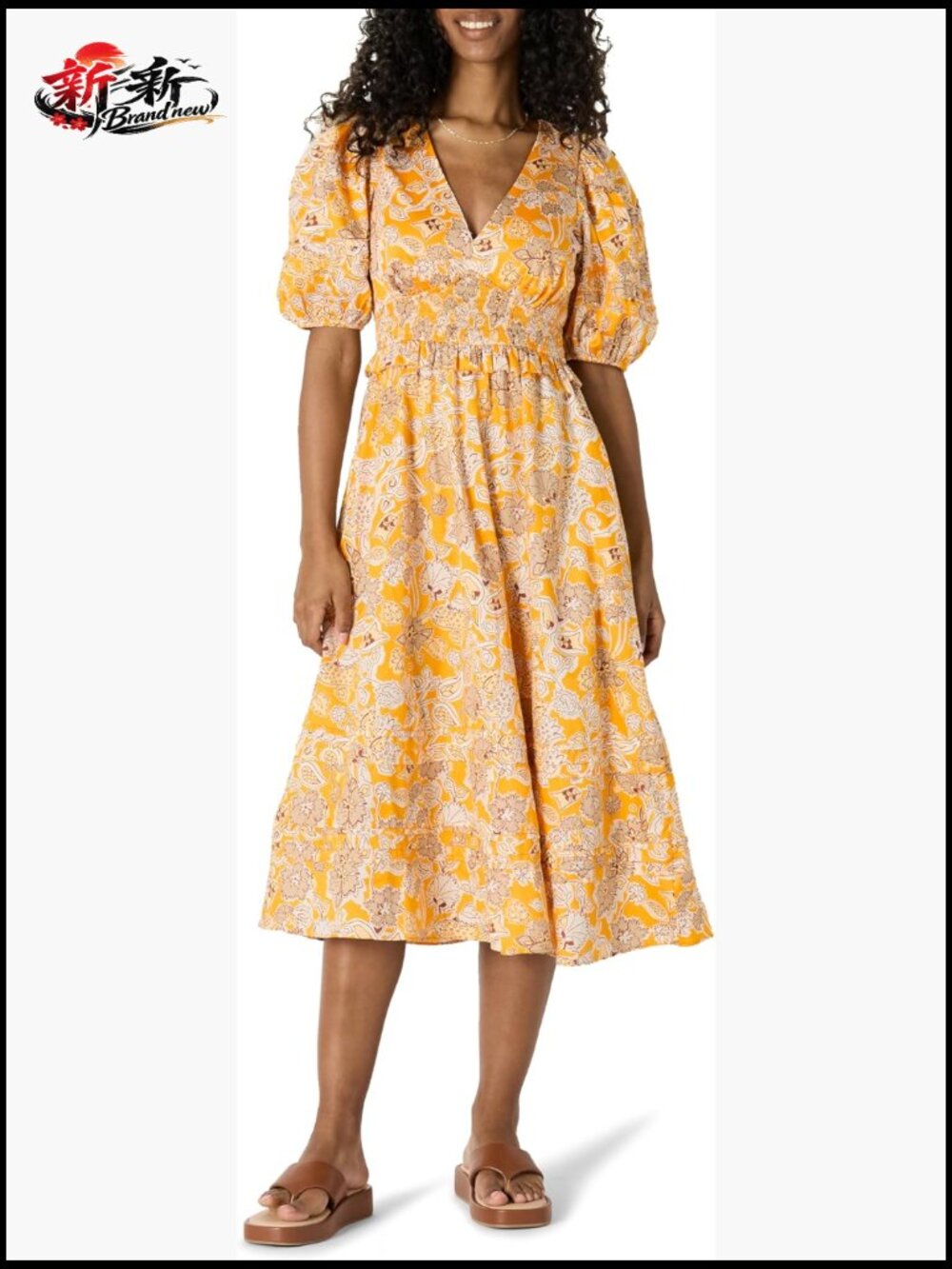 Women's Regular-Fit Cotton Sateen Puff Sleeve Midi Dress V-Neck